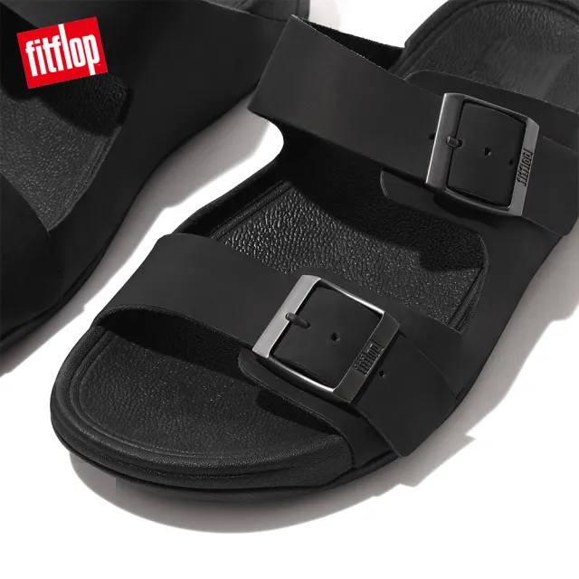 【FitFlop】GOGH MOC MENS BUCKLE LEATHER SLIDES扣環裝飾皮革雙帶涼鞋-男(黑色)