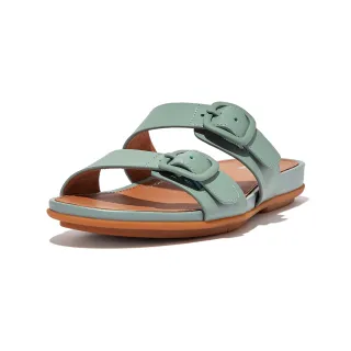 【FitFlop】GRACIE RUBBER-BUCKLE TWO-BAR LEATHER SLIDES扣環造型皮革雙帶涼鞋-女(冷藍色)