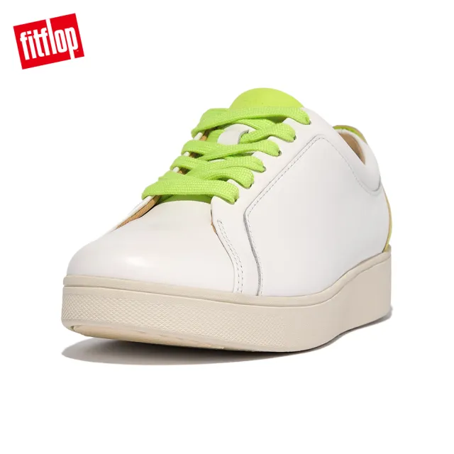 【FitFlop】RALLY NEON-POP LEATHER SNEAKERS螢光撞色繫帶休閒鞋-女(都會白/熒光黃)