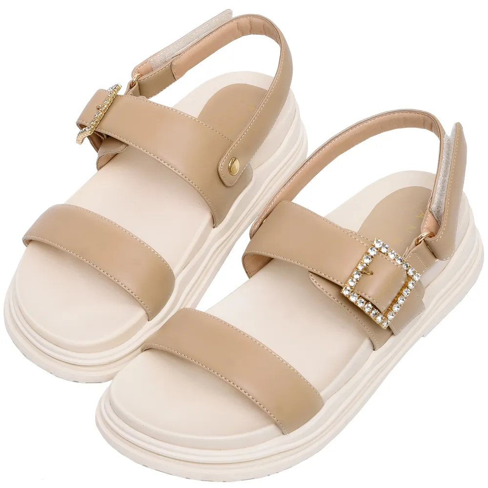 【Ann’S】頂級牛皮方鑽兩穿-升級彈力厚底魔鬼氈涼鞋4cm(杏)