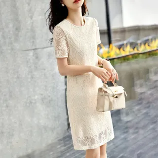 【初色】清涼感浪漫蕾絲緹花連身連衣裙洋裝-杏色-67464(M-2XL可選)