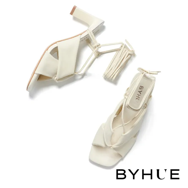 【BYHUE】韓系唯美純色綁帶軟芯方頭高跟涼鞋(米白)