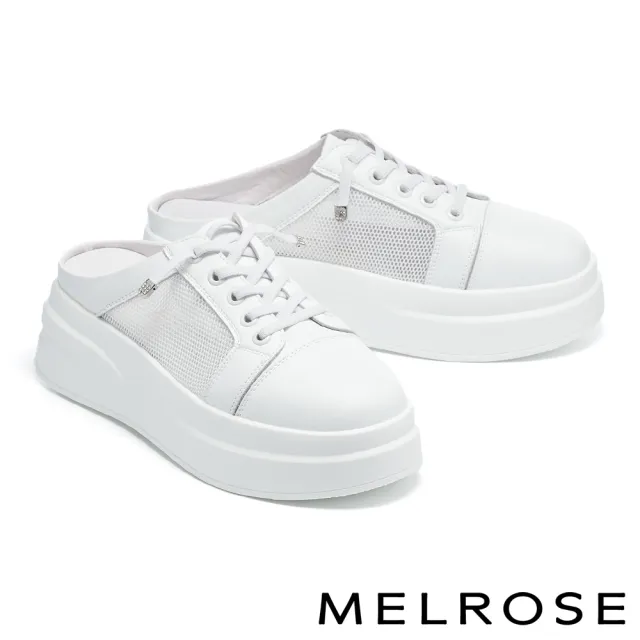 【MELROSE】率性微透視異材質拼接綁帶休閒穆勒厚底拖鞋(白)