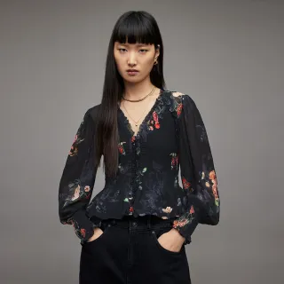 【ALLSAINTS】MAYA NANCY 透膚紅色花卉印花抽皺上衣 WM754X(修身版型)