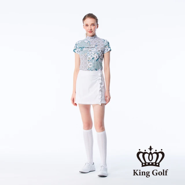 【KING GOLF】實體同步款-女款歐式花朵菱格紋印花LOGO印圖涼感小立領上衣/高爾夫球衫(綠色)