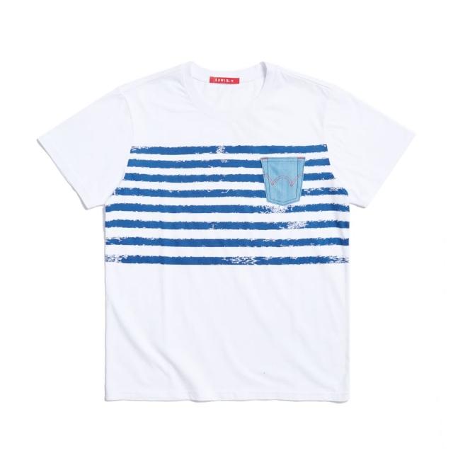 【EDWIN】男裝 人氣復刻款 小口袋條紋印花短袖T恤(白色)