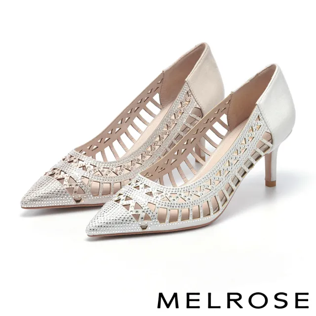 【MELROSE】華麗璀璨晶鑽金屬布鏤空尖頭高跟鞋(銀)