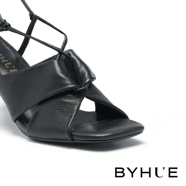 【BYHUE】韓系唯美純色綁帶軟芯方頭高跟涼鞋(黑)