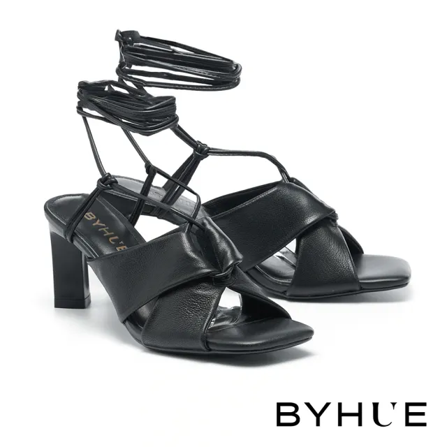 【BYHUE】韓系唯美純色綁帶軟芯方頭高跟涼鞋(黑)