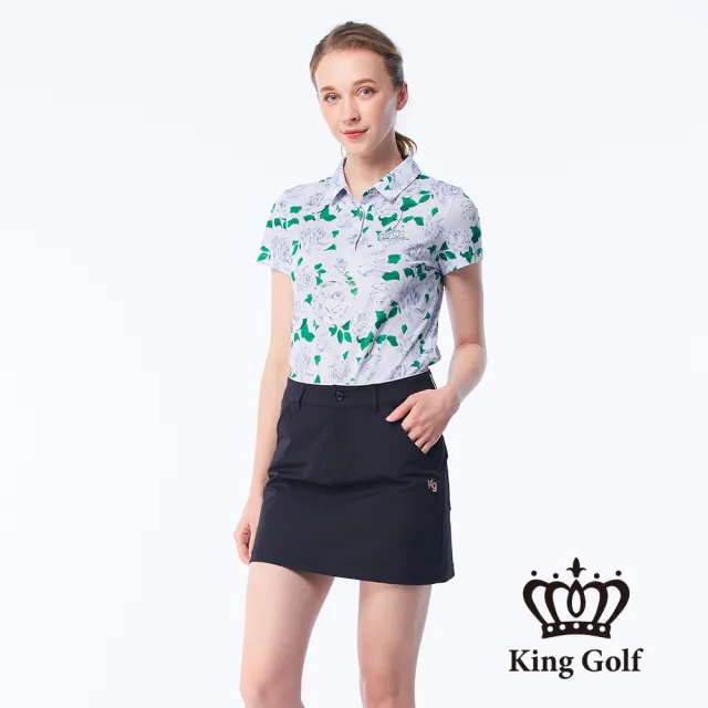 【KING GOLF】網路獨賣款-女款水彩玫瑰花印花金蔥刺繡LOGO涼感短袖POLO衫/高爾夫球衫(紫色)