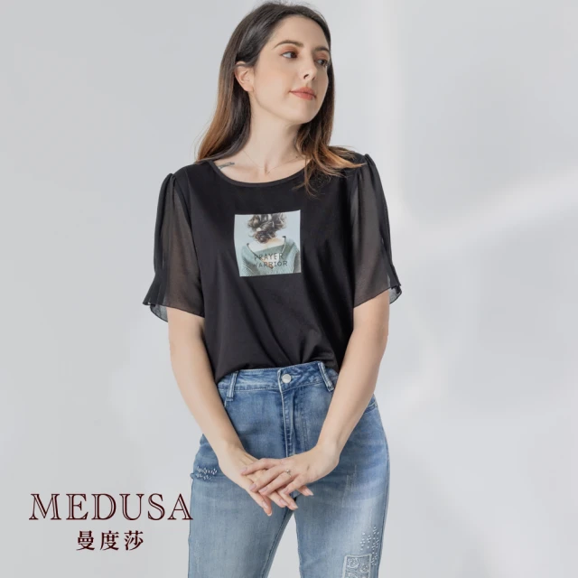 MEDUSA 曼度莎 現貨-雪紡拼接 下襬燙字上衣（M-XL）｜女上衣 短袖上衣 短版上衣(101-70601)