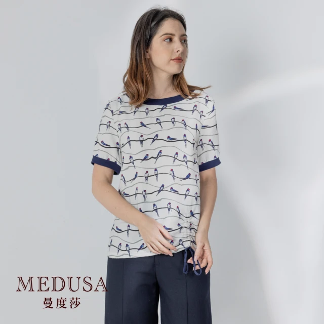 MEDUSA 曼度莎 現貨-小鳥天絲棉抽繩長版T恤（M-2L）｜女上衣 短袖上衣 長版上衣 加大尺碼(101-70101)