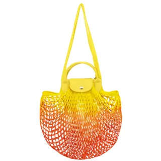 【LONGCHAMP】LE PLIAGE FILET系列漸層網狀棉質手提/肩背兩用包(黃x橘)