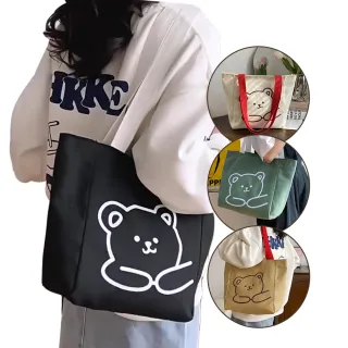 【Bliss BKK】日系小熊文藝帆布單肩包 手提包 肩背包 帆布包 購物袋(4色可選)