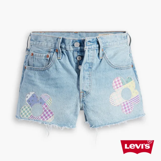 【LEVIS 官方旗艦】150週年紀念款 女 501高腰牛仔闊腿短褲/花朵拼布設計/不收邊褲管 熱賣單品 56327-0354