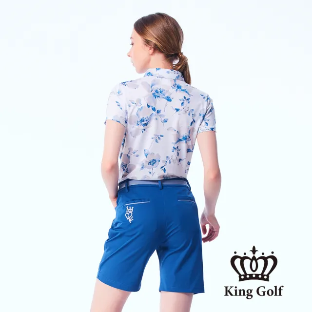 【KING GOLF】速達-網路獨賣款-女款暈染花朵印花刺繡涼感短袖POLO衫/高爾夫球衫(白色)