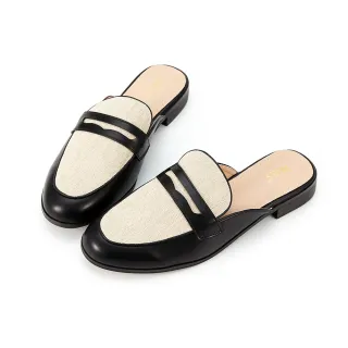 【HERLS】穆勒鞋-度假感異材質橢圓頭便仕穆勒鞋(黑色)