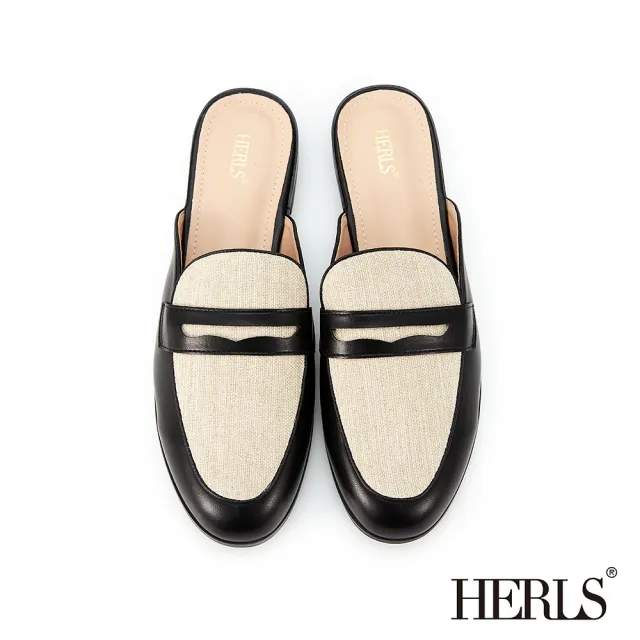【HERLS】穆勒鞋-度假感異材質橢圓頭便仕穆勒鞋(黑色)