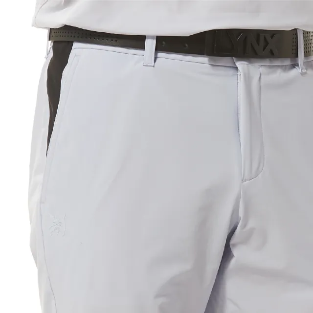 【Lynx Golf】korea男款韓國進口商品兩側口袋配布造型拉鍊後口袋設計山貓膠標平口休閒長褲(淺紫色)