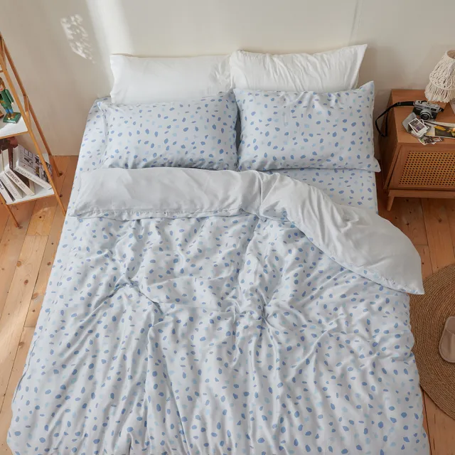 【戀家小舖】60支100%天絲枕套兩用被床包四件組-雙人(Rainy-Blue藍雨)
