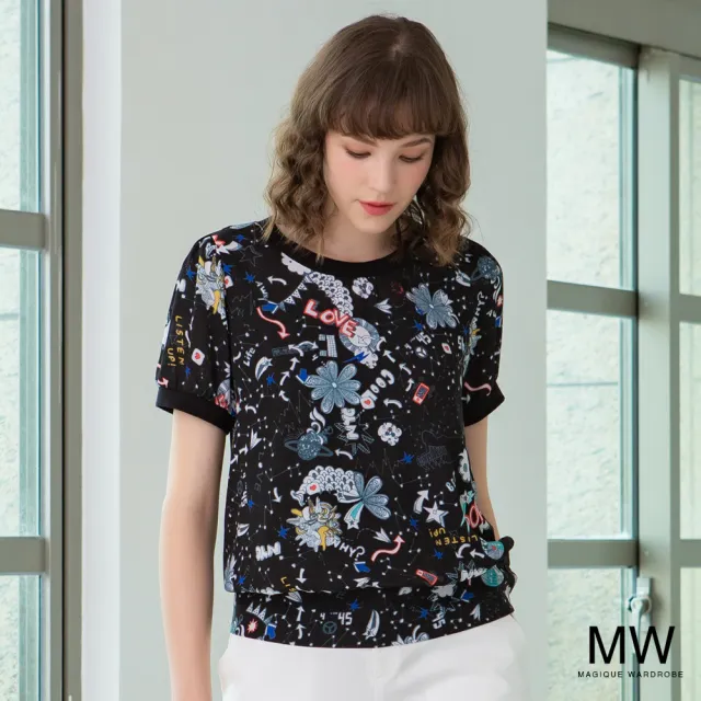 【MAGIQUE WARDROBE】雪紡滿版手繪印花上衣(黑色)