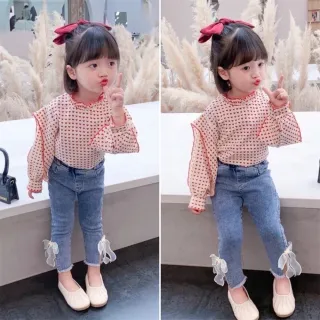 【安朵童舖】現貨韓版兒童薄款牛仔長褲女寶開叉彈力修身牛仔長褲女童微喇叭開叉蝴蝶結牛仔褲(035A)