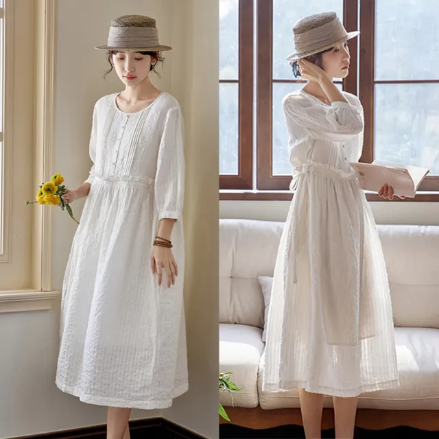 【設計所在】獨家高端限量系列 鹽縮泡泡肌理純亞麻洋裝小白裙 Q230088(S-L可選)