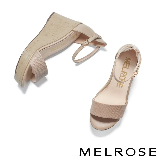 【MELROSE】美樂斯 夏日輕旅 氣質美學一字真皮踝帶厚底美型高跟涼鞋(杏)