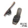 【HELENE_SPARK】舒適澎感交叉編織繫帶全羊皮方頭低跟拖鞋(黑)