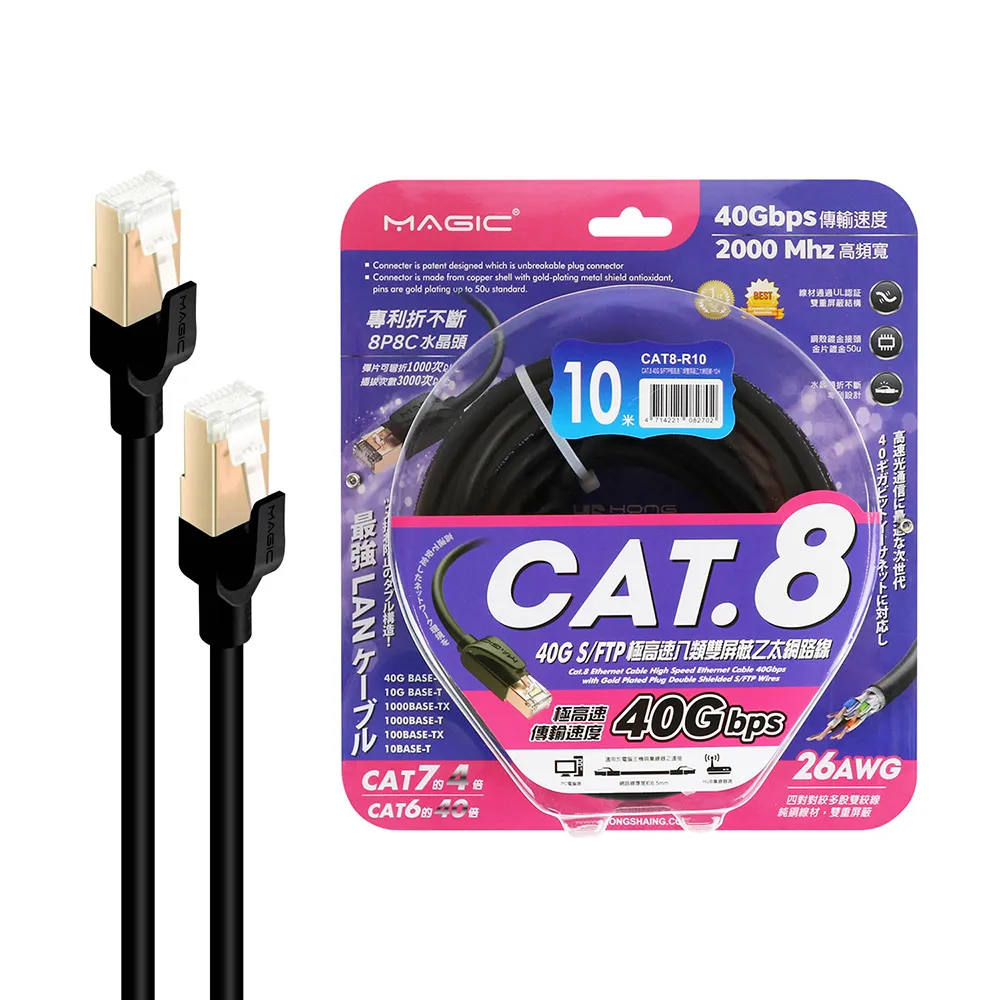 【MAGIC】Cat.8 40G S/FTP 26AWG極高速八類雙屏蔽乙太網路線(10米)