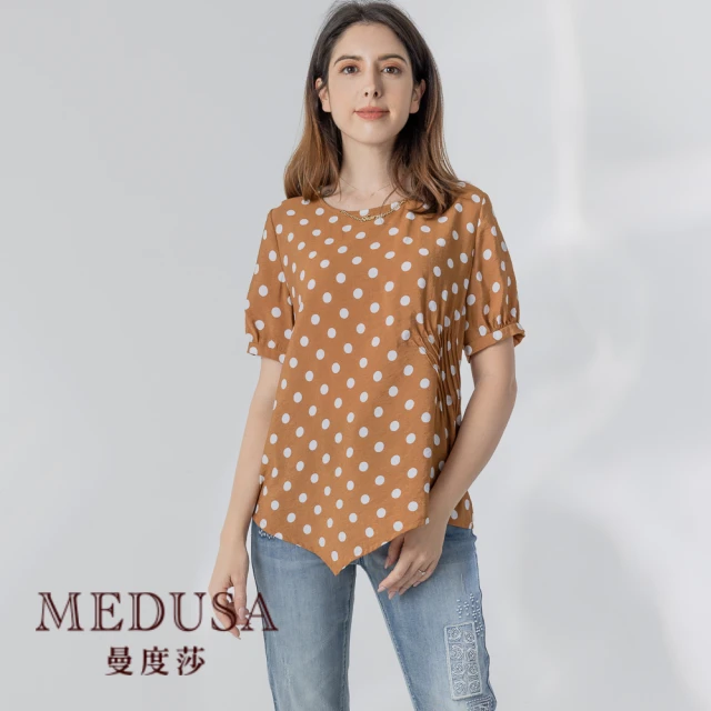 MEDUSA 曼度莎 現貨-圓點側抓褶不規則下襬上衣（M-2L）｜女上衣 短袖 長版上衣 加大尺碼(101-70301)