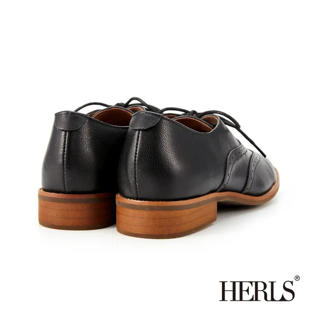 【HERLS】牛津鞋-全真皮翼紋沖孔圓頭低跟牛津鞋(黑色)