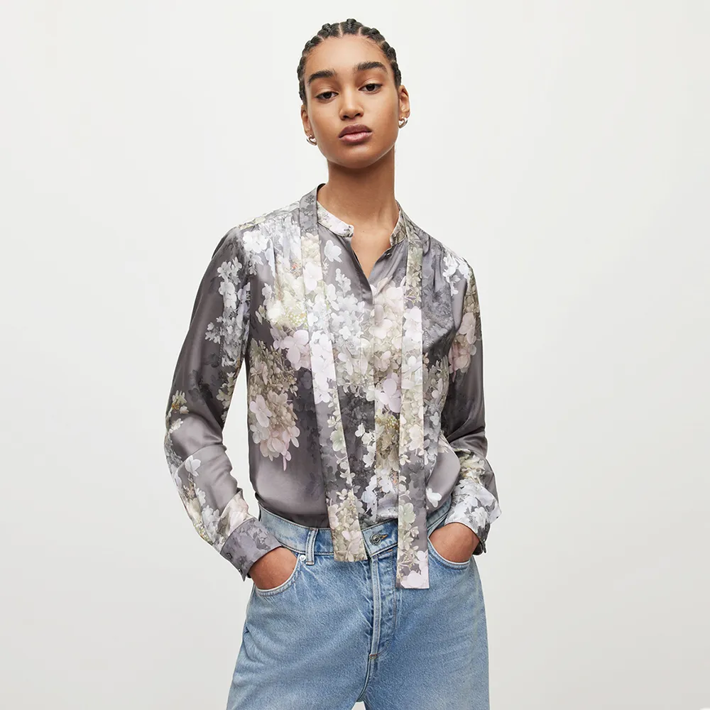 【ALLSAINTS】TONI VENETIA 真絲混紡花瓣印花綁帶襯衫 WH025Y(修身版型)