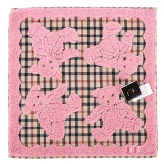 【DAKS】泰迪熊系列熊熊正格紋純綿方巾(粉紅色)