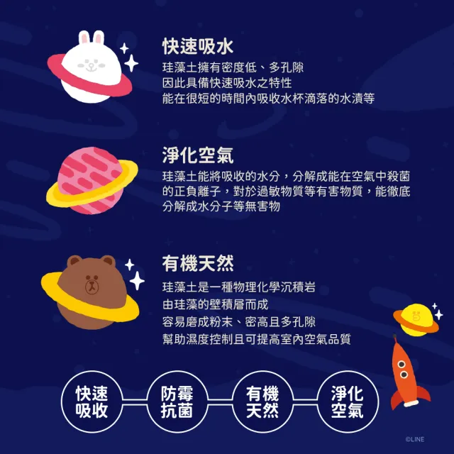 【收納王妃】LINE FRIENDS 外太空系列 軟式珪藻土 吸水洗漱墊 杯墊 洗漱墊(24x8x0.5)