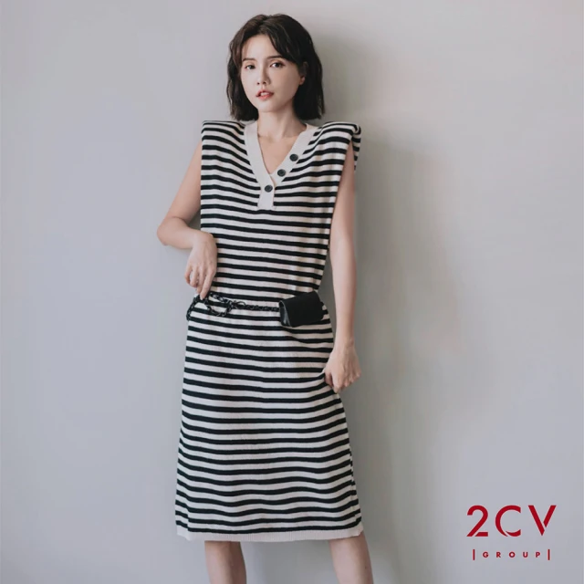 【2CV】現貨氣勢墊肩條紋針織無袖洋裝-兩色/連身洋裝nf003(MOMO獨家販售)