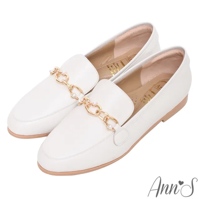 【Ann’S】情感流動-不規則珍珠金鍊頂級綿羊皮平底樂福鞋-版型偏大(白)
