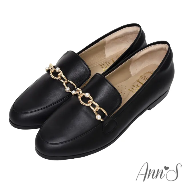 【Ann’S】情感流動-不規則珍珠金鍊頂級綿羊皮平底樂福鞋-版型偏大(黑)