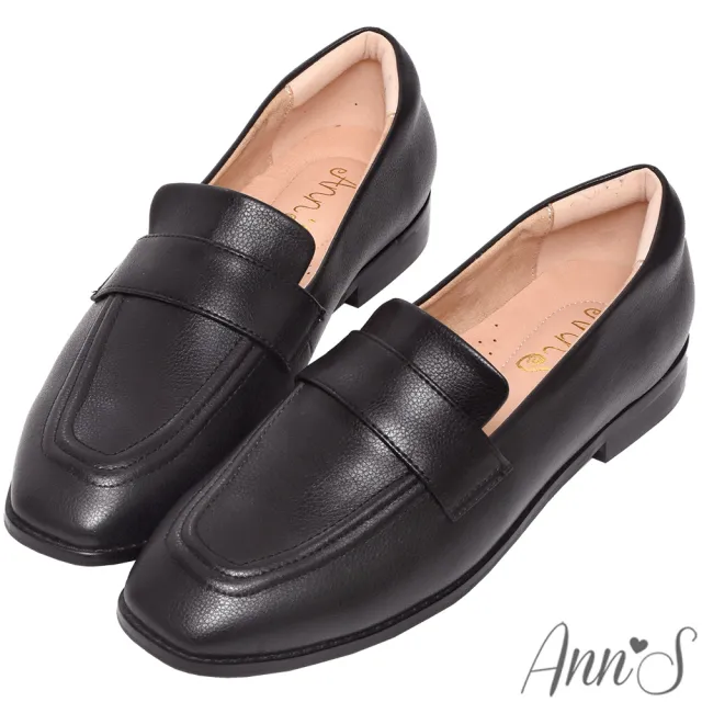 【Ann’S】好清潔荔枝紋皮革-素面小方頭平底樂福鞋-版型偏小(黑)