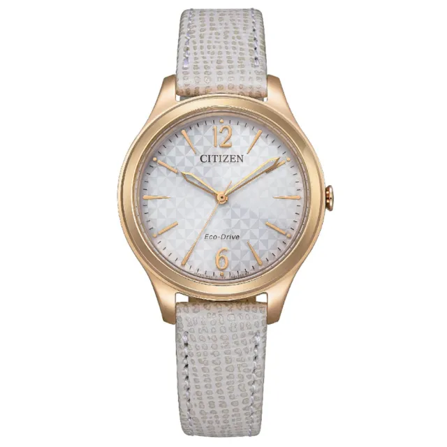 【CITIZEN 星辰】LADYS 光動能 三角格紋牛皮錶帶淑女腕錶-32mm 玫瑰金(EM0509-10A 防水50米)