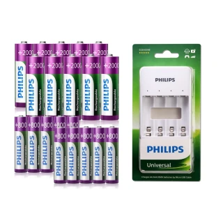 【Philips 飛利浦】低自放鎳氫充電電池3號10入+4號10入(贈USB 4槽智慧型充電器)