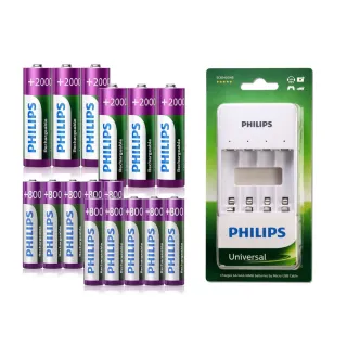 【Philips 飛利浦】低自放鎳氫充電電池3號6入+4號10入(贈USB 4槽智慧型充電器)