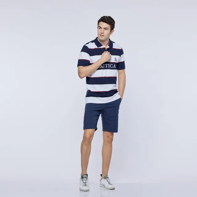 【NAUTICA】男裝 粗條紋LOGO刺繡短袖POLO衫(深藍色)