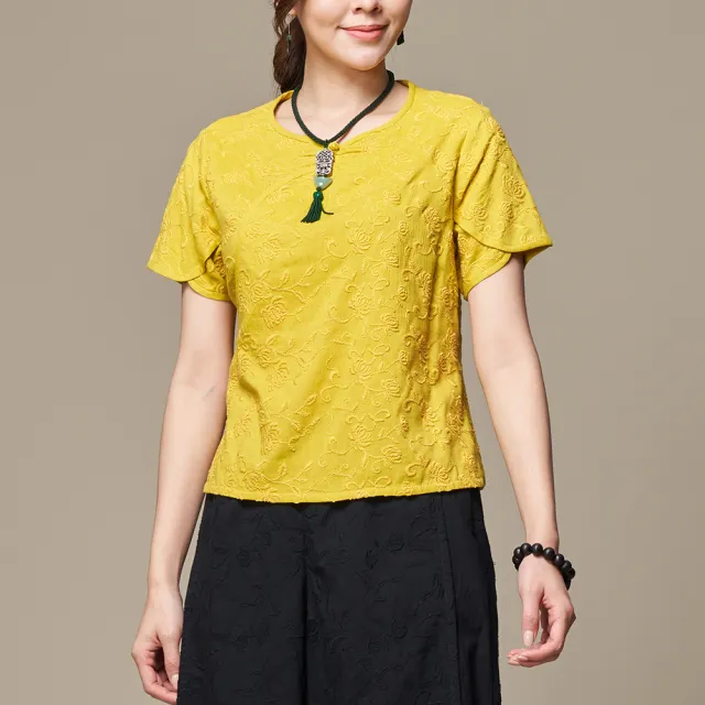 【古典美】斜襟刺繡配色上衣(茶禪服/中國風/國服/漢服/手染服/棉麻/亞麻/天然纖維)