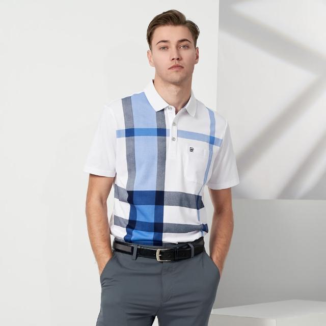 【pierre cardin 皮爾卡登】休閒服飾 男款 胸前印格短袖POLO衫-藍色(5237212-35)