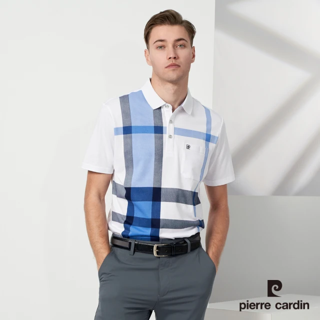 【pierre cardin 皮爾卡登】商務休閒 男款 胸前印格短袖POLO衫-藍色(5237212-35)