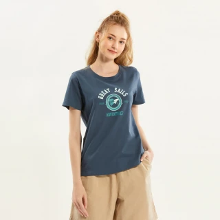 【Hang Ten】女裝-REGULAR FIT純棉航海旗幟印花短袖T恤(藍)