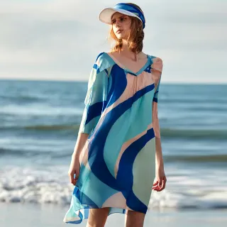 【KERAIA 克萊亞】月光藍海變化袖絲質洋裝(附腰帶)