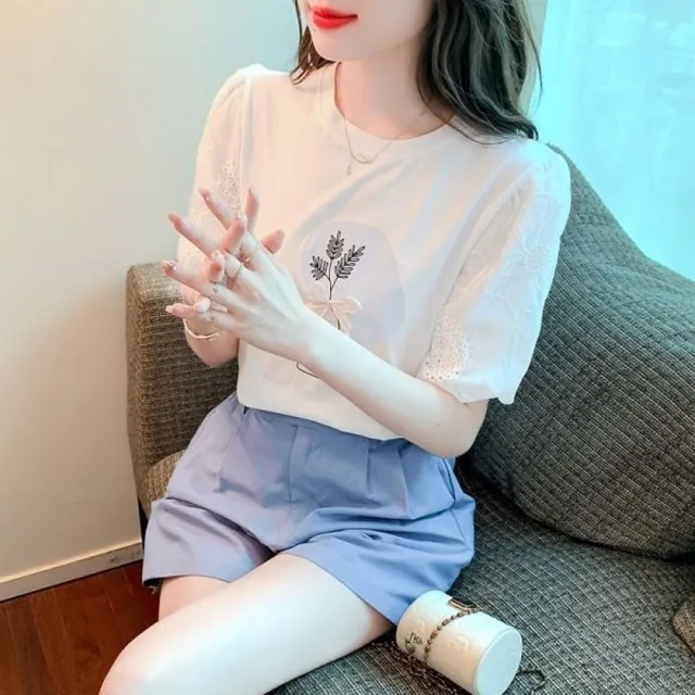 【baibeauty 白鳥麗子】韓版印花蝴蝶結蕾絲泡泡袖圓領上衣(T恤)