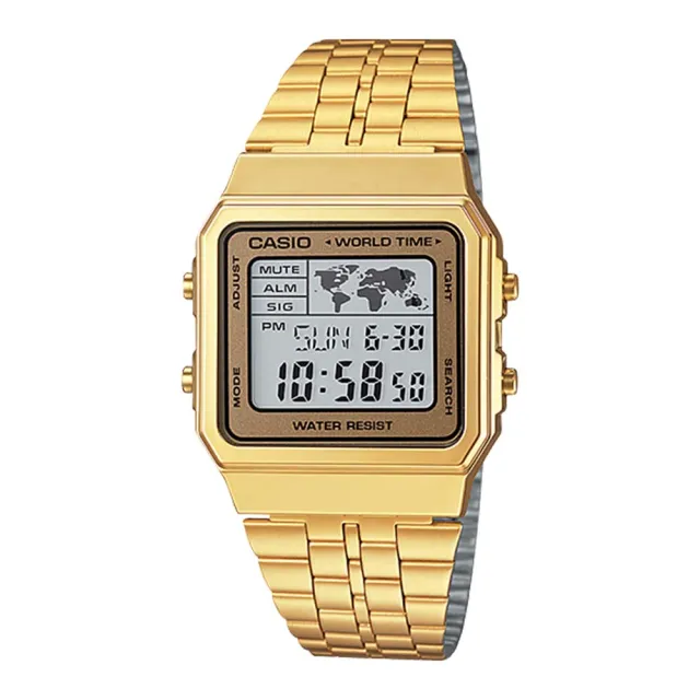 【CASIO 卡西歐】世界地圖探險復古金風格電子錶(A500WGA)